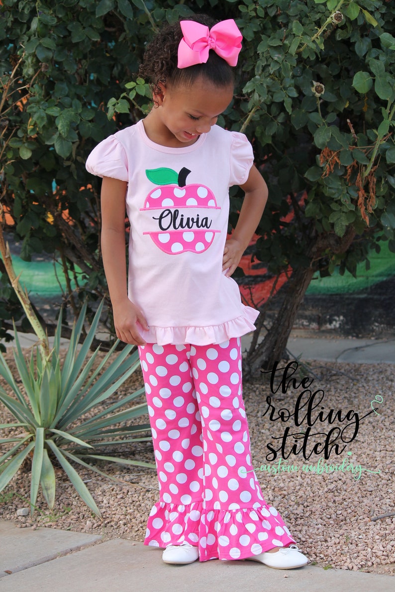 Personalized Girls Pink Polka dot Apple Back to School Outfit Girls Back to School Apple Shirt with add on Polka dot Pants and Hair bow image 2