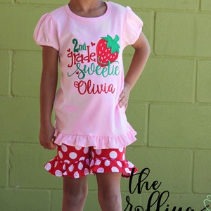 Any Grade! Personalized 2nd Grade Sweetie Strawberry Back to School Outfit- Girls Back to School Shirt with add on Shorts and Hair bow
