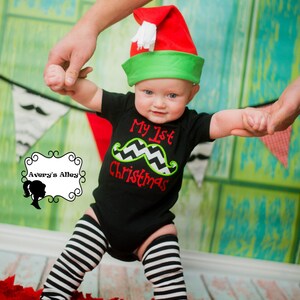 Boys My 1st Christmas Boys Applique First Christmas Chevron Mustache Shirt or Bodysuit with Add on Leg Warmers image 1