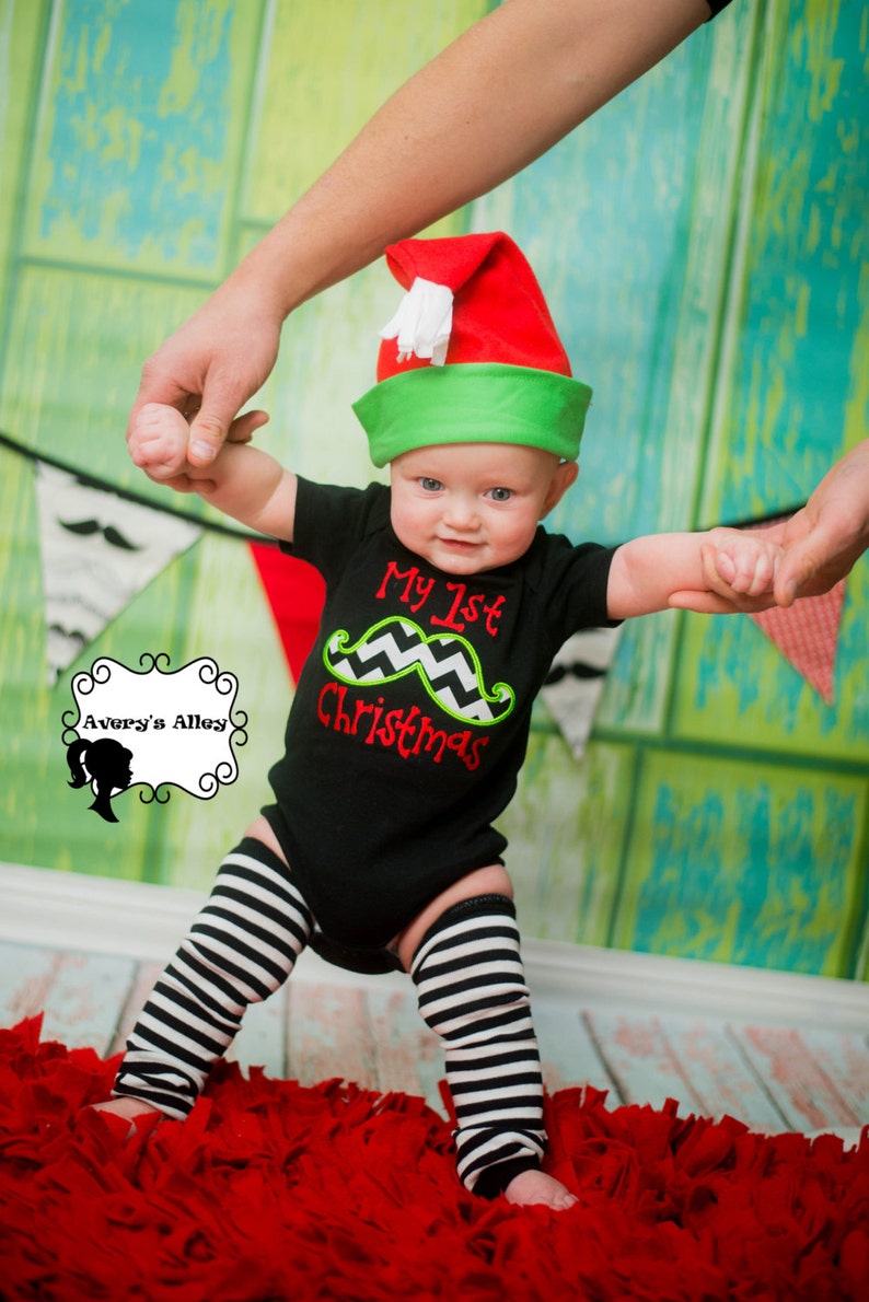 Boys My 1st Christmas Boys Applique First Christmas Chevron Mustache Shirt or Bodysuit with Add on Leg Warmers image 1