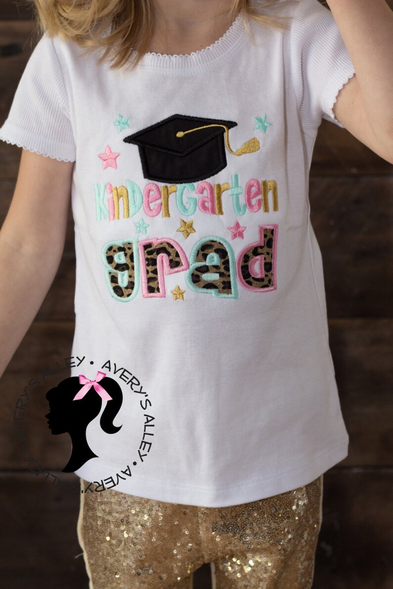 Kindergarten GRAD Any Grade Girls White Applique Kindergarten Graduation Shirt & Matching Hair Bow for Kindergarten Graduation image 2