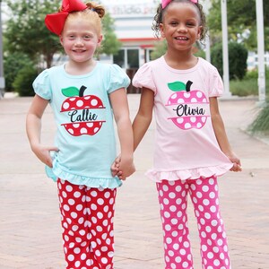 Personalized Girls Pink Polka dot Apple Back to School Outfit Girls Back to School Apple Shirt with add on Polka dot Pants and Hair bow image 5