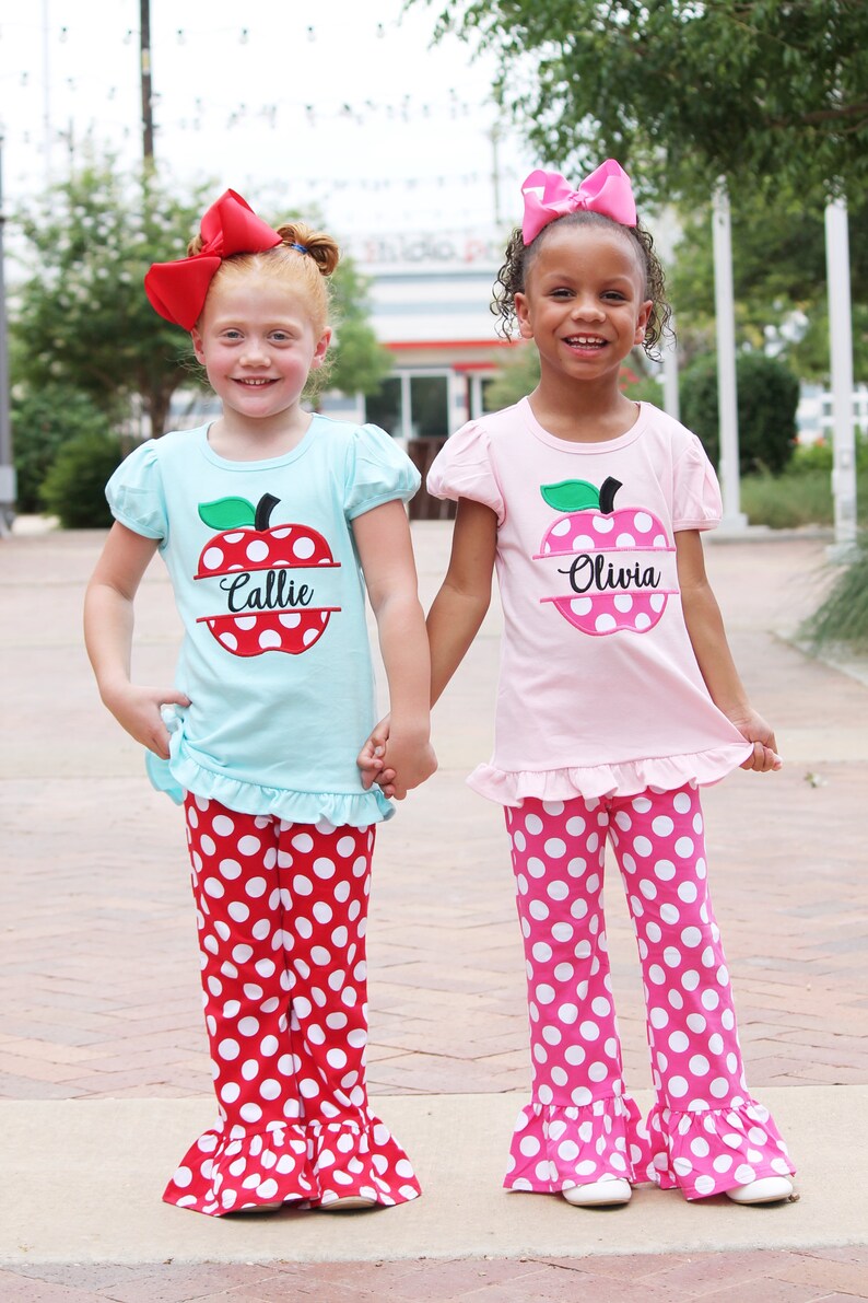 Personalized Girls Pink Polka dot Apple Back to School Outfit Girls Back to School Apple Shirt with add on Polka dot Pants and Hair bow image 5