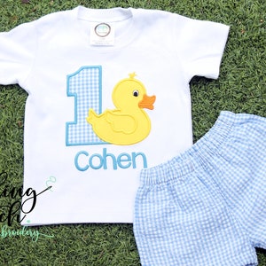 Any Age Personalized Duck Birthday Outfit for Boys Boys Duck Birthday Shirt With Add on Light Blue Gingham Shorts Etsy