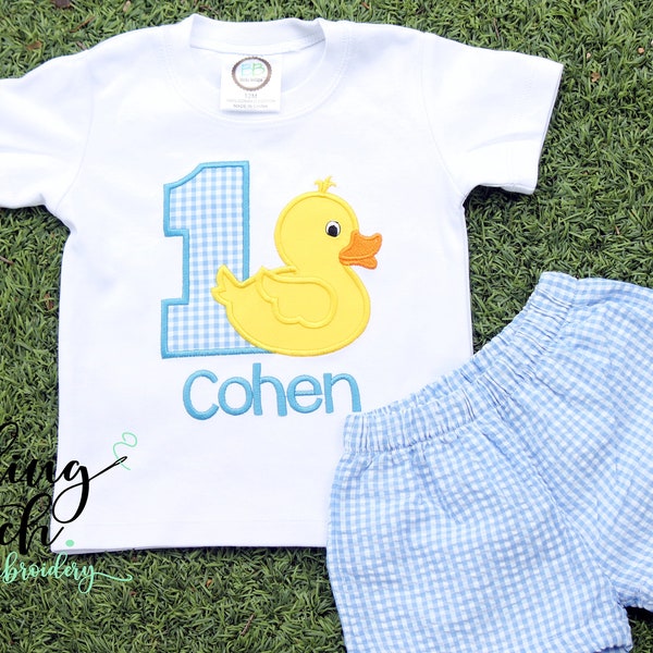 Any Age! Personalized Duck Birthday Outfit for Boys- Boys Duck Birthday Shirt with add on Light blue Gingham shorts