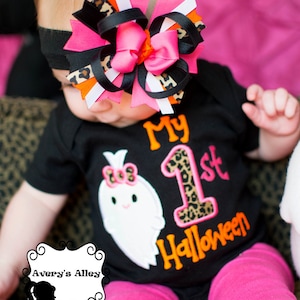 My 1st Halloween with ghost - Girls Leopard Embroidered First Halloween Shirt or Bodysuit and Matching Hair Bow
