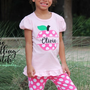 Personalized Girls Pink Polka dot Apple Back to School Outfit Girls Back to School Apple Shirt with add on Polka dot Pants and Hair bow image 1