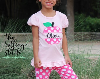 Personalized Girls Pink Polka dot Apple Back to School Outfit- Girls Back to School Apple Shirt with add on Polka dot Pants and Hair bow