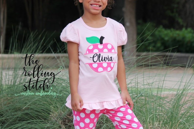 Personalized Girls Pink Polka dot Apple Back to School Outfit Girls Back to School Apple Shirt with add on Polka dot Pants and Hair bow image 1