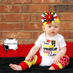 My Hero wears Firefighter Boots I call him Daddy - Girls Fireman Embroidered Shirt or Bodysuit & Hair bow