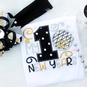 My 1st New Years - Girls Embroidered First New Year&#39;s Shirt or Bodysuit & Matching Hair Bow Set New Years Outfit