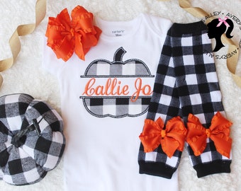 Personalized Buffalo Plaid Pumpkin - Girls Applique Halloween or Thanksgiving Shirt or Bodysuit with Add on Hair Bow and Leg Warmers