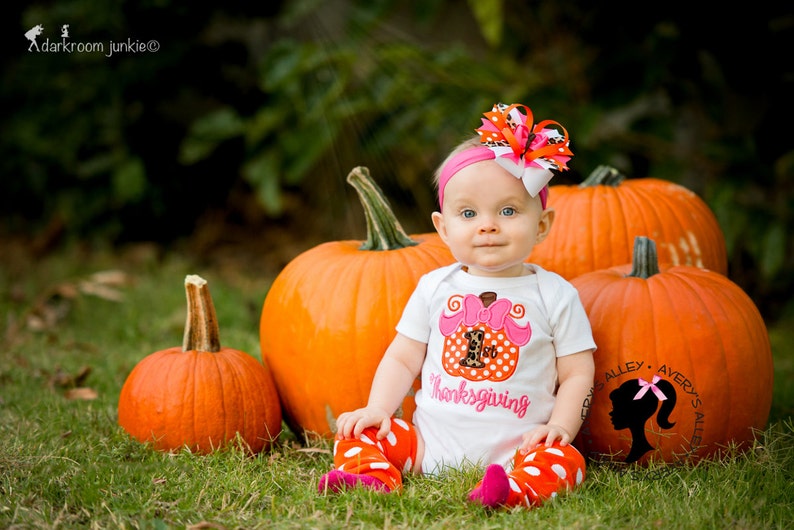 Polka Dot Pumpkin 1st Thanksgiving Girls Embroidered Shirt or Bodysuit & Matching Hair Bow Set for First Thanksgiving image 1