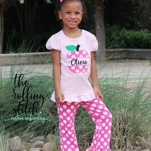 Personalized Girls Pink Polka dot Apple Back to School Outfit Girls Back to School Apple Shirt with add on Polka dot Pants and Hair bow image 3