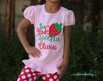 Any Grade! Personalized 2nd Grade Sweetie Strawberry Back to School Outfit- Girls Back to School Shirt with add on Pants and Hair bow