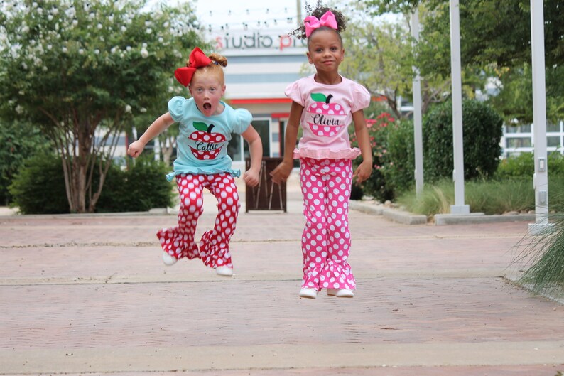 Personalized Girls Pink Polka dot Apple Back to School Outfit Girls Back to School Apple Shirt with add on Polka dot Pants and Hair bow image 10