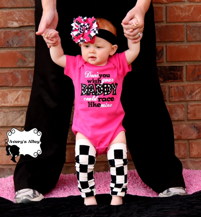 Dont you wish your Daddy could race like mine - Girls Checkered Applique Hot Pink Shirt or Bodysuit & Matching Hair Bow Set 