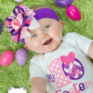 My 1st Easter - Girls Chevron Embroidered First Easter Shirt, Hair Bow
