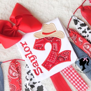 Personalized Red Bandana Cowgirl Birthday Outfit - Bodysuit or Shirt with Add on Hair Bow