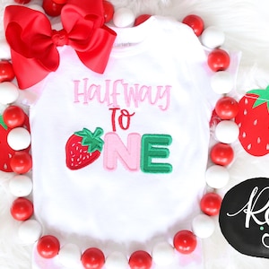 Halfway to One - Girls Applique Girls Half Strawberry Birthday Shirt & Matching Hair Bow Set 1/2 Birthday