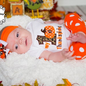 My 1st Thanksgiving  - Girls Leopard Applique Shirt or Bodysuit & Matching Hair Bow Set with Pumpkin