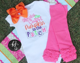 Personalized The Cutest Pumpkin in the Patch - Girls Applique Shirt or Bodysuit with Add on Hair Bow and Leg Warmers