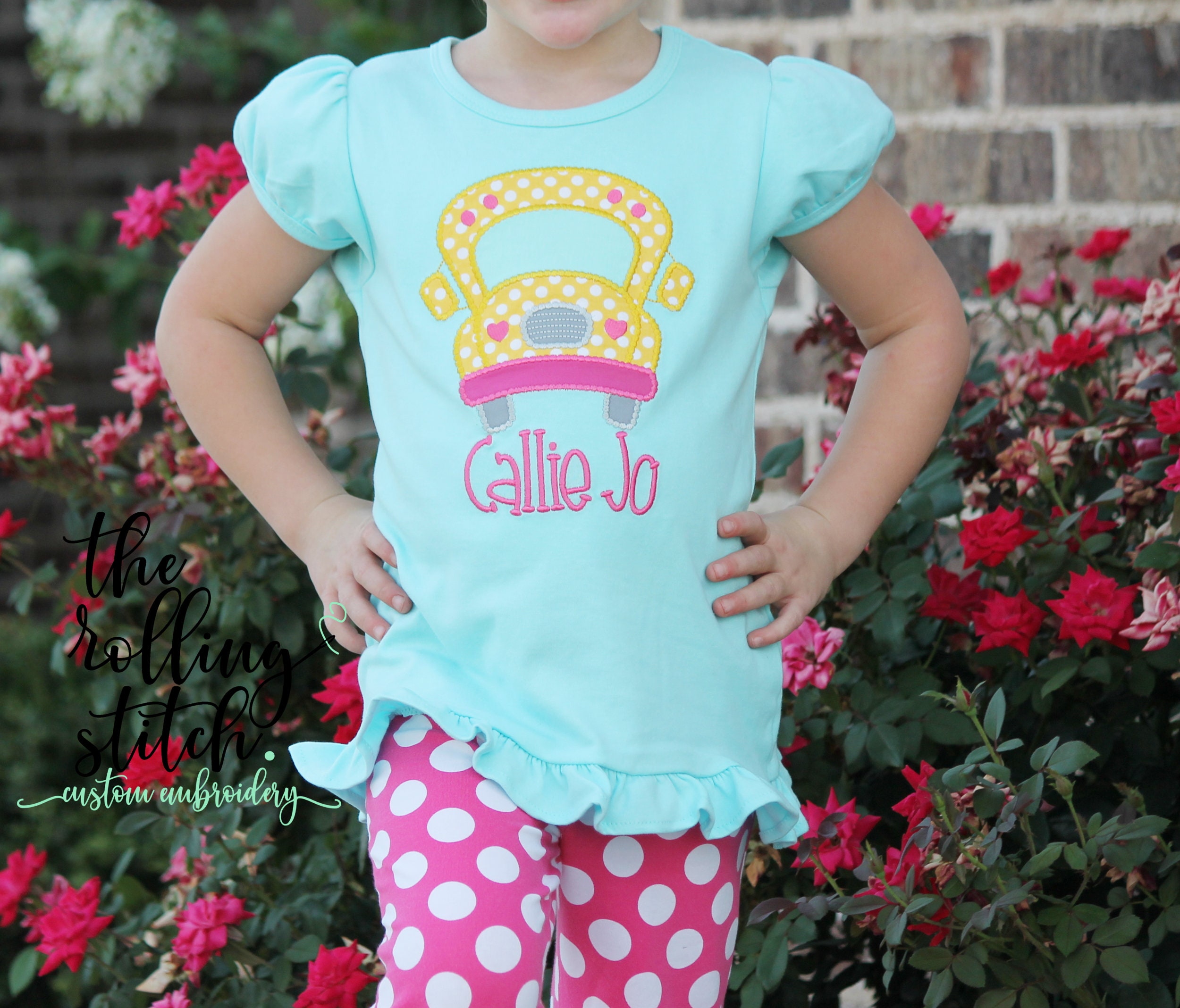 TheRollingStitch806 Personalized Girls Polka Dot School Bus Back to School Outfit Girls Back to School Bus Shirt with Add On Polka Dot Pants and Hair Bow