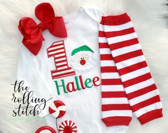 Christmas Birthday - Any Age! Girls Applique Santa Birthday Shirt & Matching Hair Bow Set