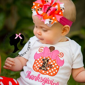 Polka Dot Pumpkin 1st Thanksgiving Girls Embroidered Shirt or Bodysuit & Matching Hair Bow Set for First Thanksgiving image 2