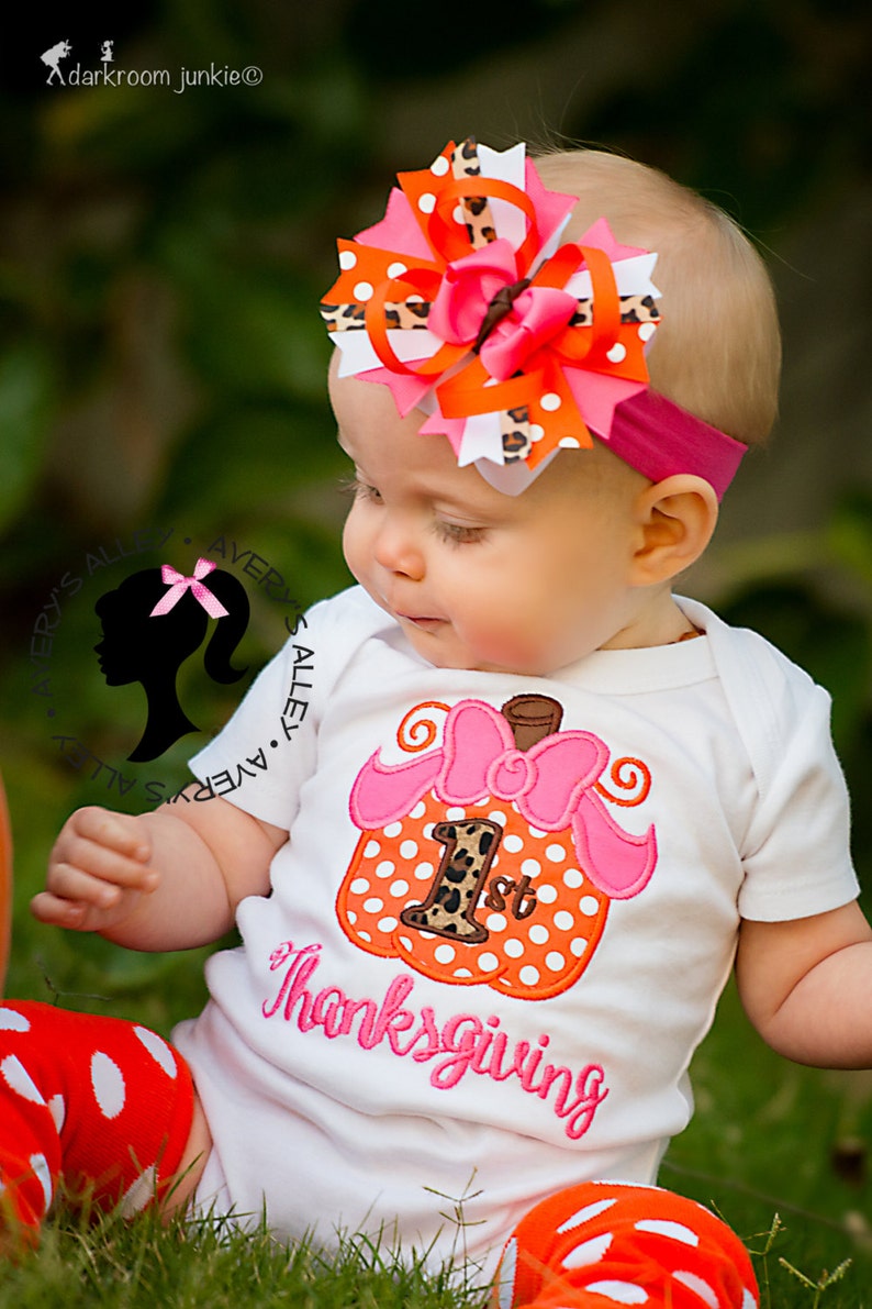 Polka Dot Pumpkin 1st Thanksgiving Girls Embroidered Shirt or Bodysuit & Matching Hair Bow Set for First Thanksgiving image 2