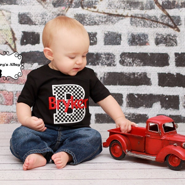 Red & Checkered Print Personalized Name - Boys Applique Black Shirt or Bodysuit