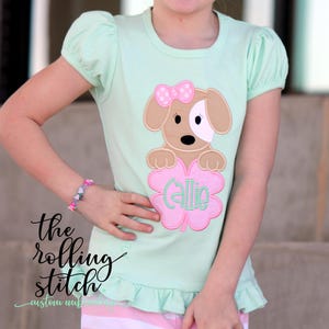 Personalized St. Patrick&#39;s Day Puppy - Girls Mint Green Ruffle St. Patrick&#39;s Day Shirt, Hair Bow, Pants