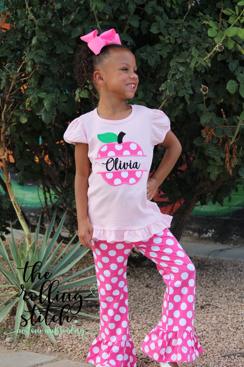Personalized Girls Pink Polka dot Apple Back to School Outfit Girls Back to School Apple Shirt with add on Polka dot Pants and Hair bow image 4
