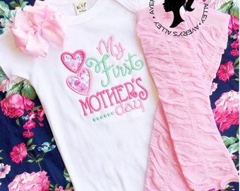My First Mother's Day - Girls Pink and Mint Floral Embroidered 1st Mothers Day Shirt, Hair Bow, Leg Warmers
