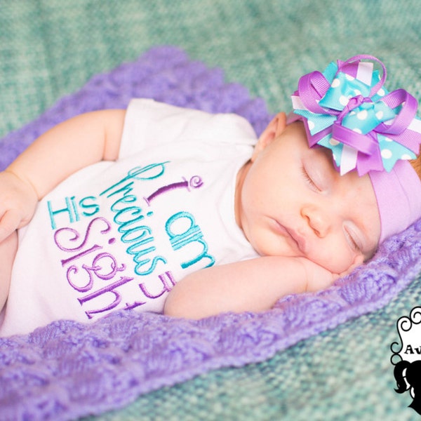 I am Precious in his Sight - Girls Embroidered Shirt & Matching Hair Bow Set in aqua and lavender