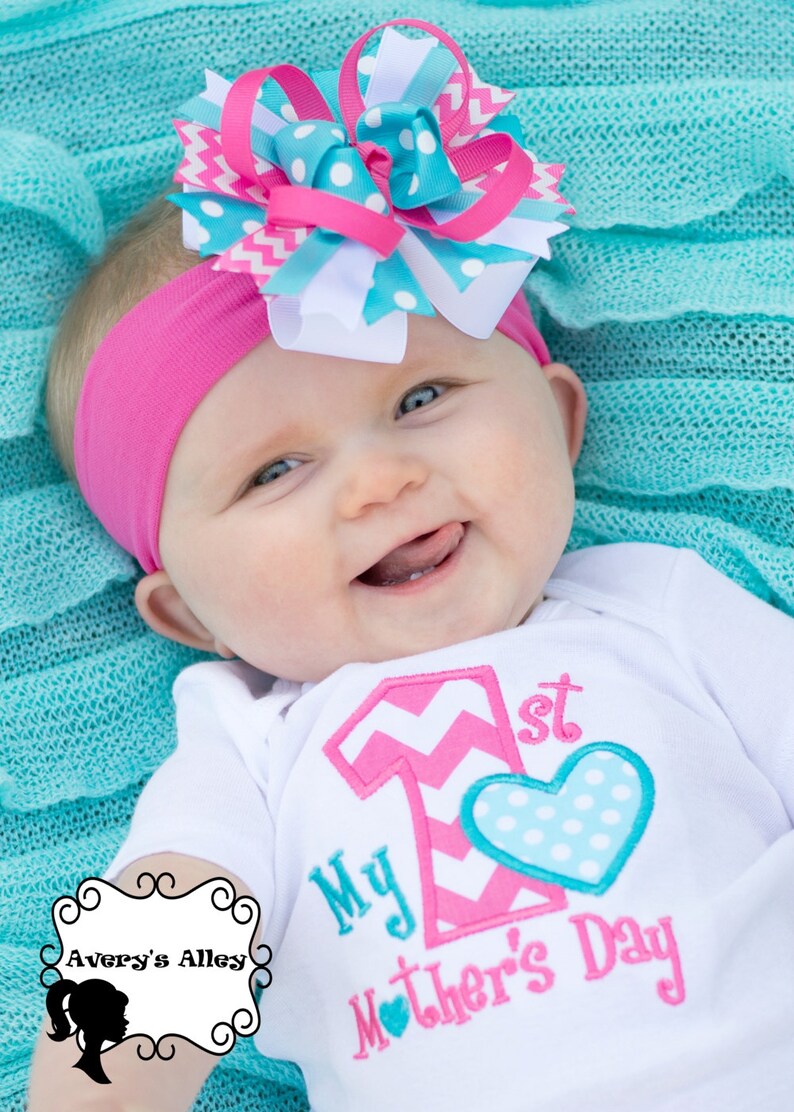 My 1st Mother's Day Girls Hot Pink Chevron Applique First Mothers Day Shirt or Bodysuit & Matching Hair Bow image 2