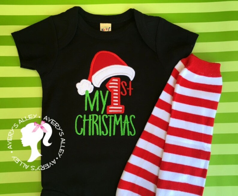 My 1st Christmas Boys Applique First Christmas Red Stripe Black Shirt or Bodysuit with Add on Leg Warmers image 2