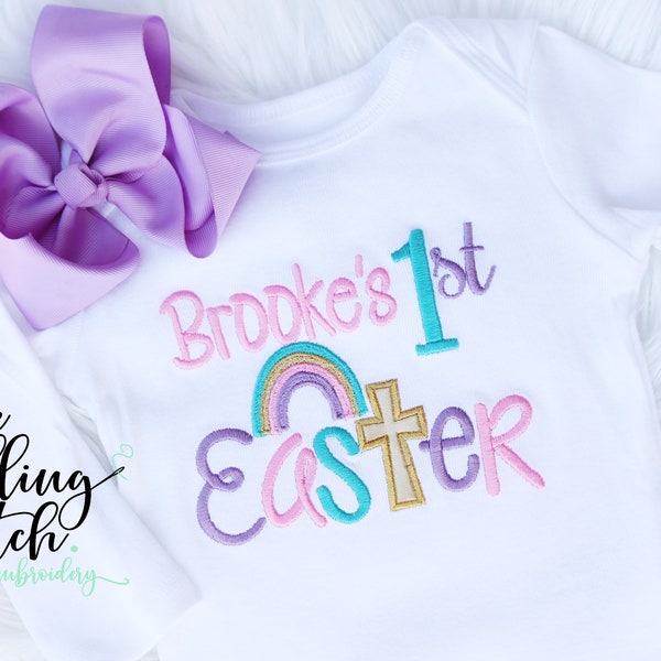 Personalized 1st Easter - Girls Embroidered Rainbow First Easter Shirt & Matching Hair Bow