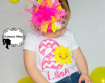 Sunshine Birthday - Any Age! Girls Applique White You are my Sunshine Birthday Shirt & Matching XL Puff Hair Bow Set