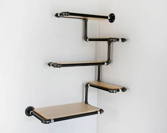 Industrial Pipe Wall Corner Shelf, Made To Order Book Shelving Unit. Maple Stained Wood and Black Iron Pipe Modern Clean