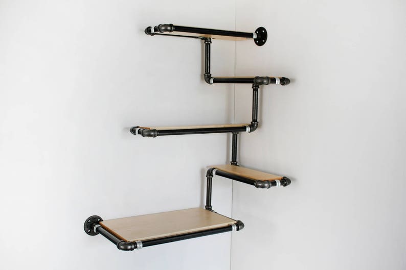 Pipe Wall Corner Shelf Maple Stained Wood And Black Pipe Wall Corner Shelf Maple