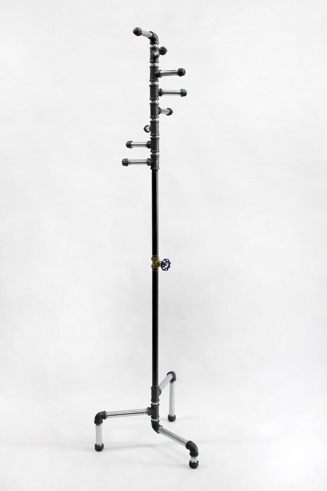 Coat Rack Mixed Metal Standing Industrial Style Black Galvanized Pipe 8 Spiral Hooks Brass Gate Valve Handle Stand Alone Heavy Duty Etsy