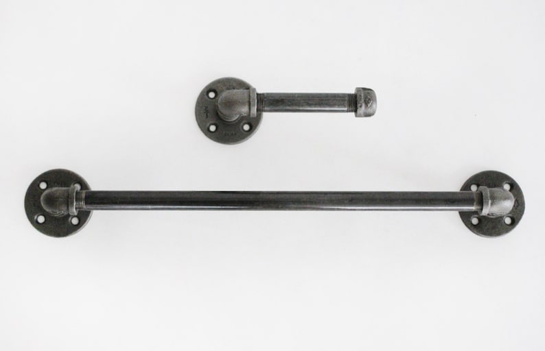 2pc Bathroom Accessory Set Made With Black Iron Pipe Towel Etsy