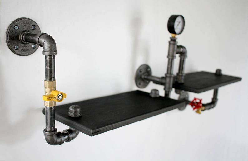 Industrial Black Iron Pipe Double Shelving Unit Wall Hung Etsy