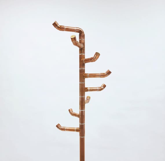 Free Standing Coat Rack Copper Coat Tree 8 Hooks Handcrafted Modern Stand Alone Rack Brass Gate Valve Entryway Foyer Bedroom Office