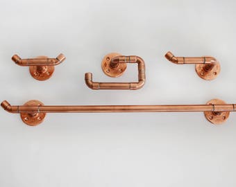Copper Bathroom Accessories Set Polished Copper Pipe, Copper Plated Flanges. Towel Rack, Toilet Paper Holder, Hand Towel Holder, Towel Hook