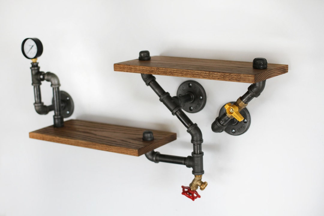Industrial Black Iron Pipe Wall Hung Shelf. Double Shelving Unit