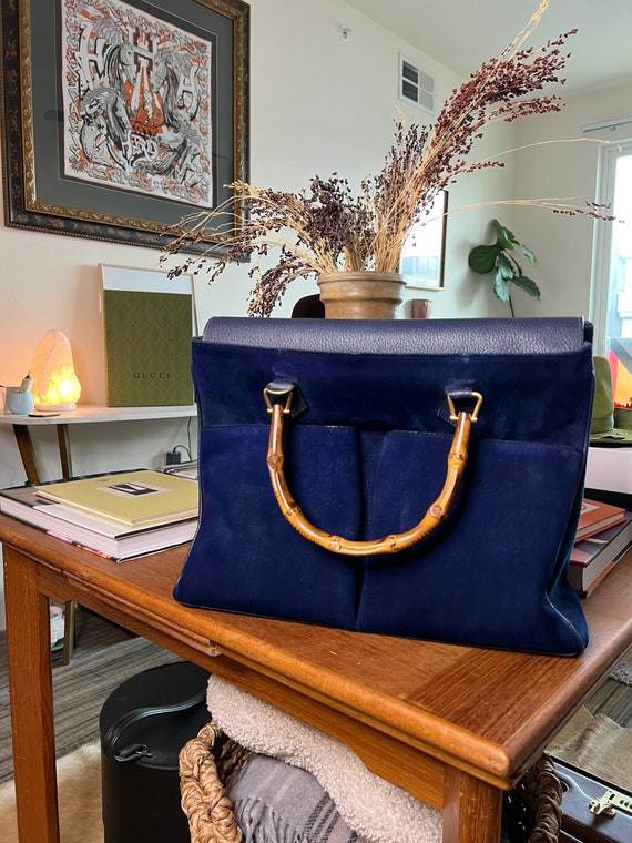 Vintage Gucci Diana Bamboo Hand Bag Re-Done Royal Blue Suede Leather