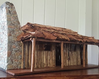 Aussie Outback Farmers Shack timber cabin with rock Chimney