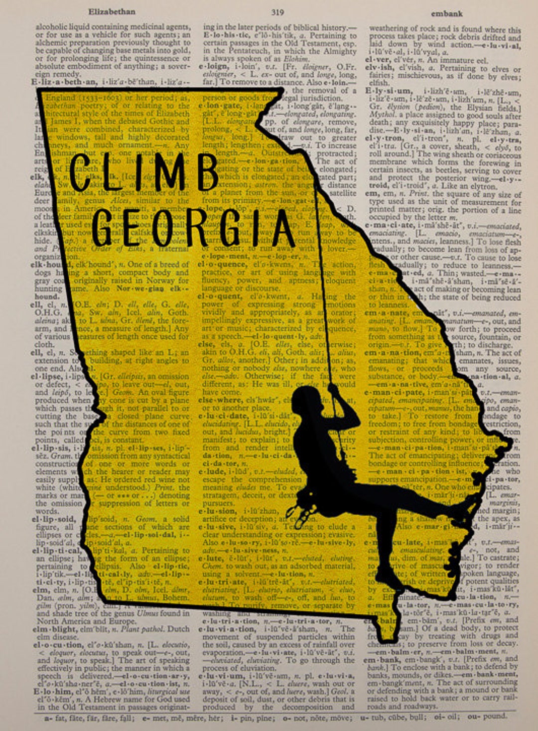 Map Rock Climbing Dictionary Art Print State Atlanta Etsy